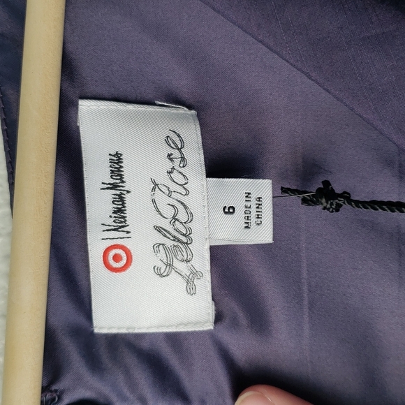 Neiman Marcus Lela Rose High Low Purple Flower Watercolor Dress Leather Belt - Picture 4 of 7